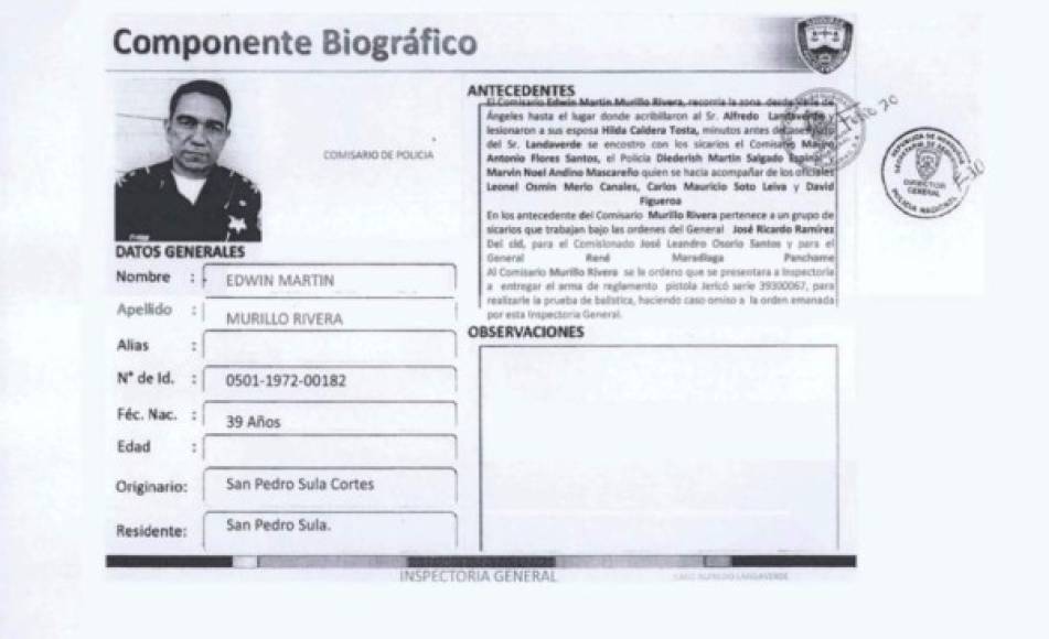 Ficha del comisario de Policía Edwin Martin Murillo Rivera, señalado en el caso de la muerte de Alfredo Landaverde, según publicación de The New York Times atribuida a un informe de la Inspectoría General de la Policía de Honduras.