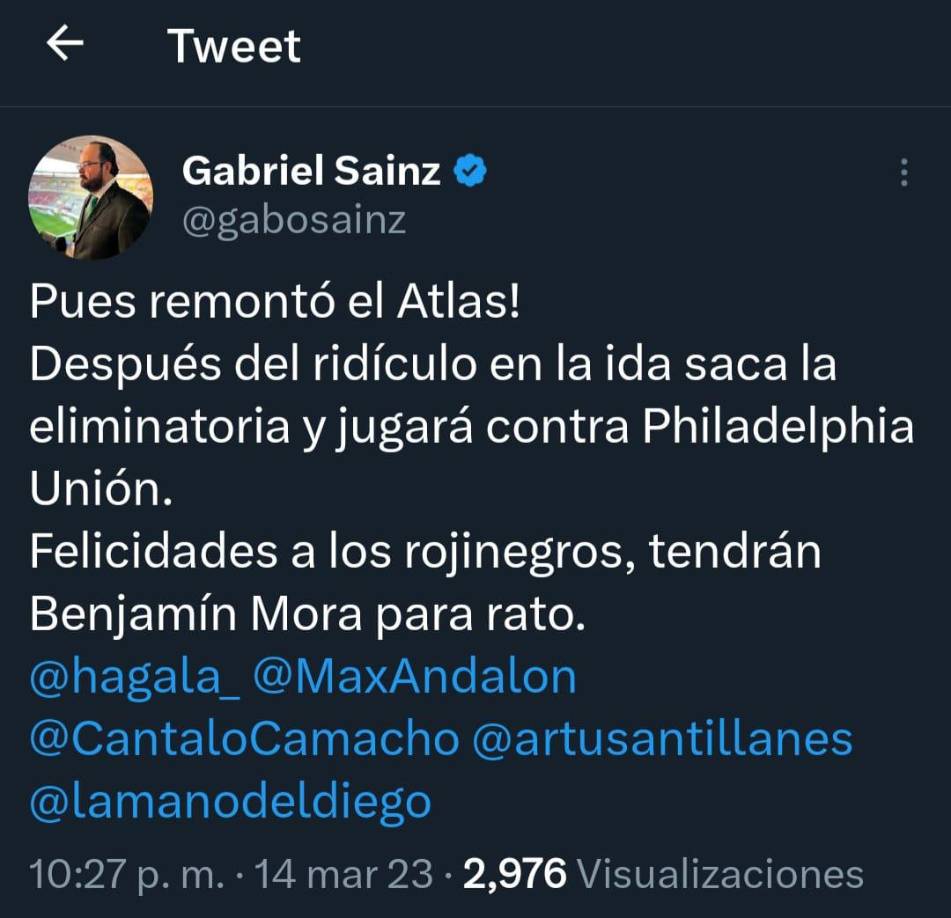 Gabriel Sainz: “Después del ridículo en la ida saca la eliminatoria y jugará contra Philadelphia Unión. Felicidades a los rojinegros, tendrán Benjamín Mora para rato”.