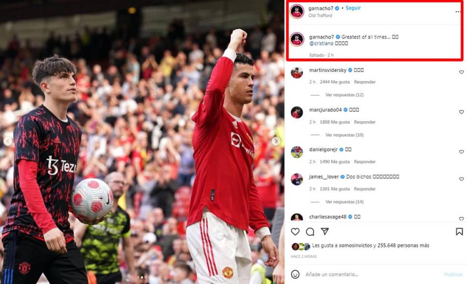 A través de sus redes sociales, Alejandro Garnacho compartió imágenes de ese momento en el que Ronaldo le obsequió el esférico en el campo de juego y las acompañó con gran elogio. “El mejor de todos los tiempos”, escribió el chico nacido en Madrid, quien se inició futbolísticamente en las inferiores el Atlético y cuya madre es argentina.