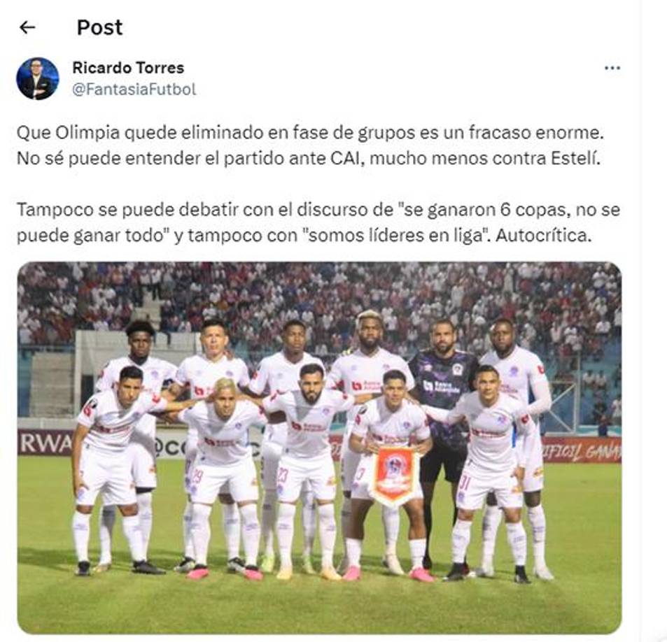 Ricardo Torres de Tigo Sports: “Que Olimpia quede eliminado en fase de grupos es un fracaso enorme. No sé puede entender el partido ante CAI, mucho menos contra Estelí.”