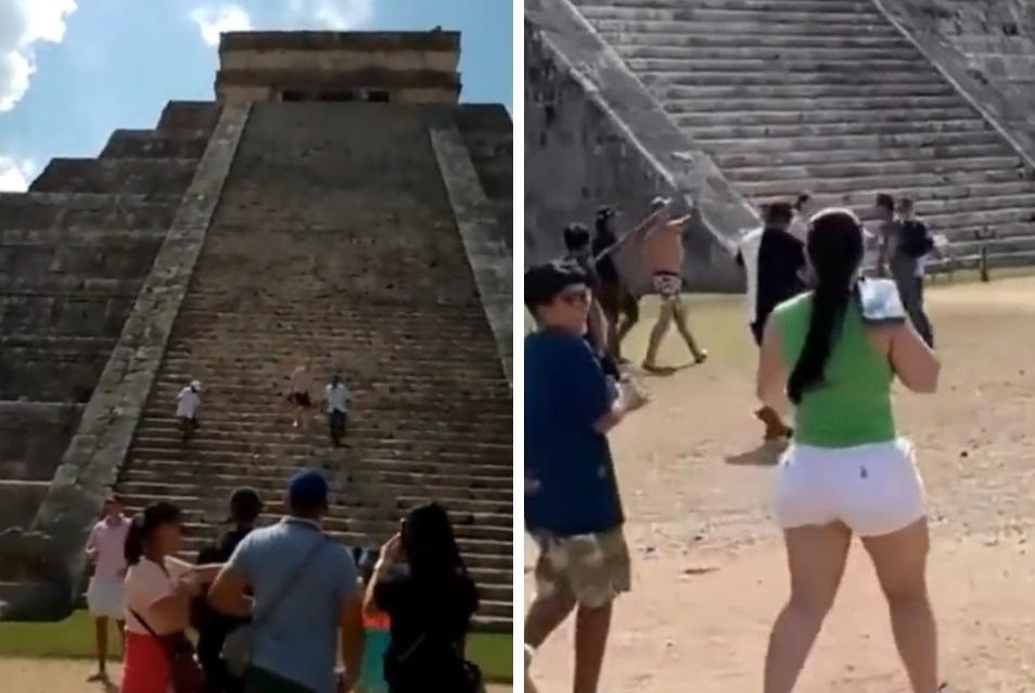 Turista sube al Castillo de Chichén Itzá en México y lo “castigan” a palazos