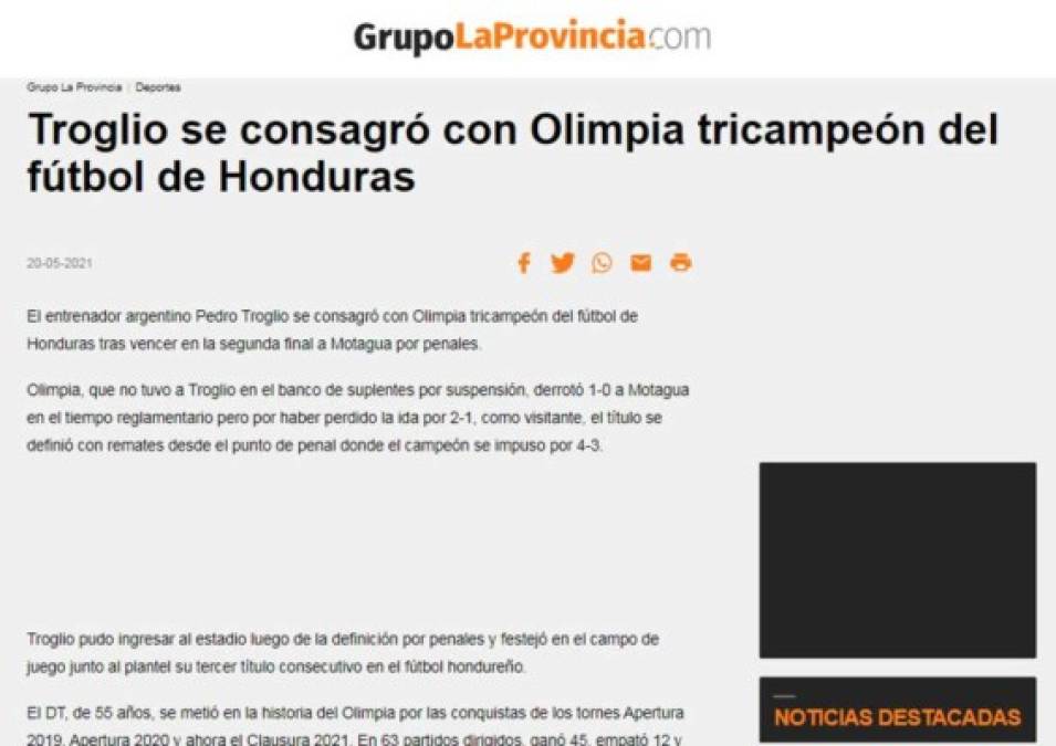 Grupo La Provincia de Argentina - “Troglio se consagró con Olimpia tricampeón del fútbol de Honduras”.
