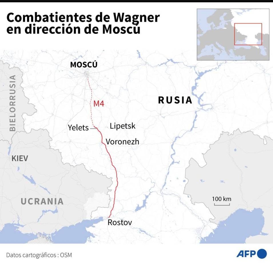 La ruta por la que avanzaba el grupo de mercenarios Wagner hacia la capital rusa, Moscú. 