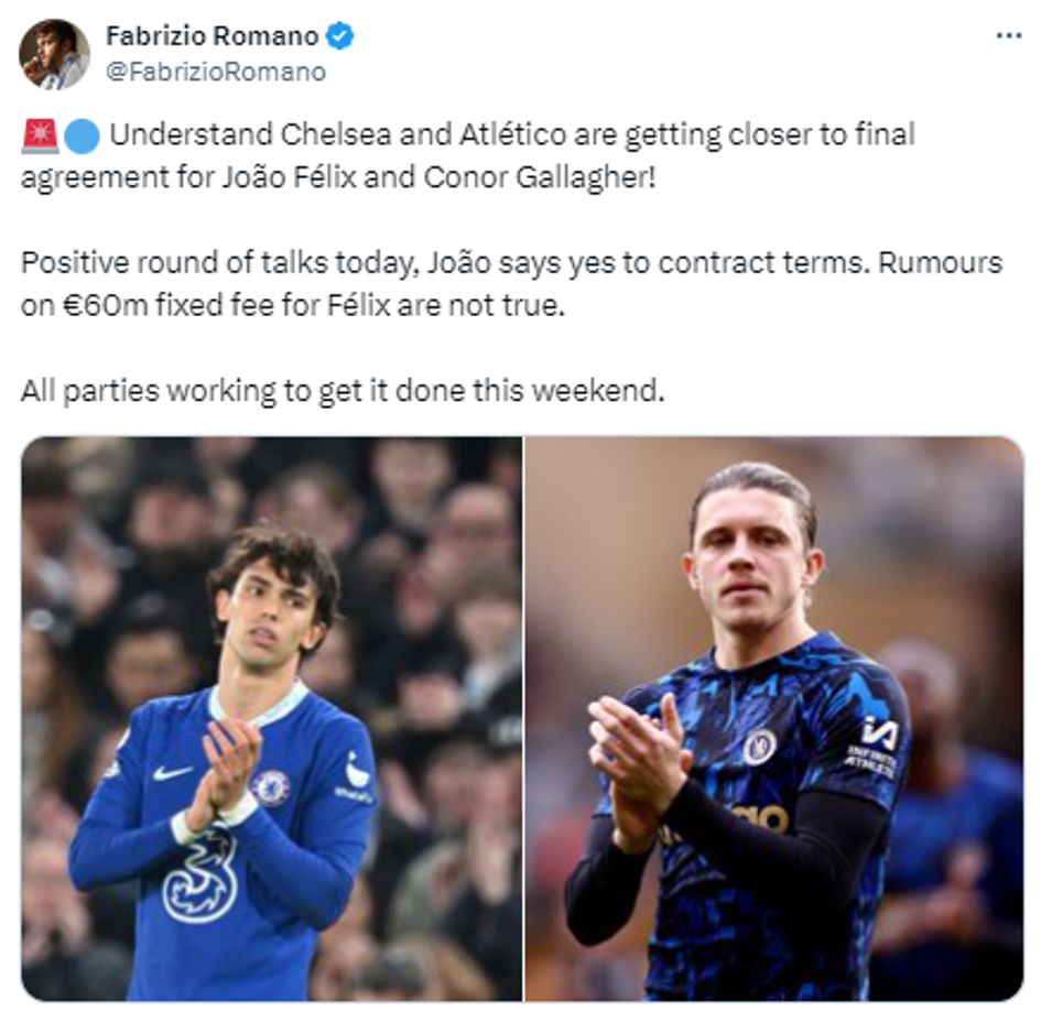Informa Fabrizio Romano que el Chelsea y el Atlético de Madrid están cada vez más cerca de llegar a un acuerdo definitivo por João Félix y Conor Gallagher.