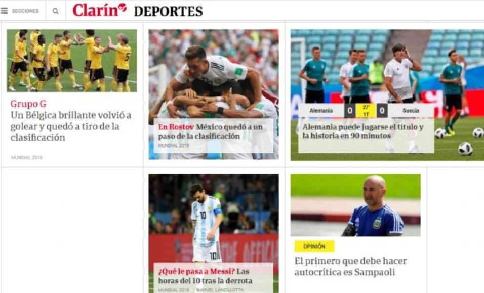 "El diario Clarín de Argentina tituló: 'En Rostov México quedó a un paso de la clasificación'."