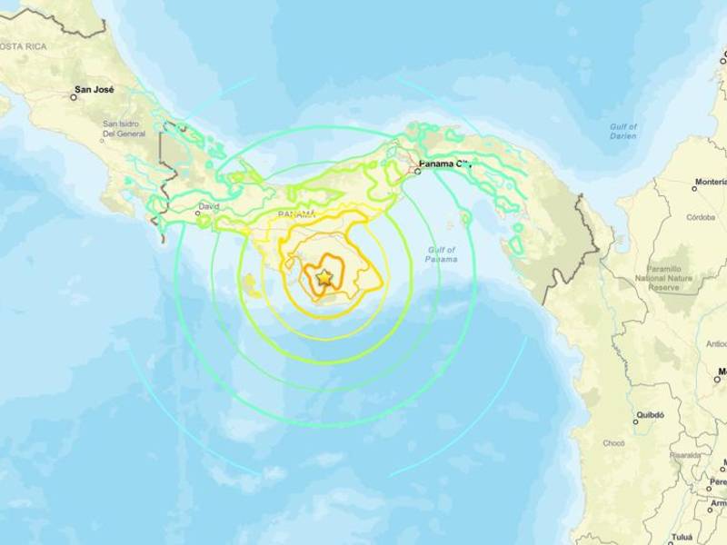 Imagen difundida en la cuenta en X @igcpanamaup del Instituto de Geociencias de la Universidad de Panamá del epicentro de un terremoto de 7,6 de magnitud que sacudió este viernes el sureste de Panamá, con una profundidad de 10 kilómetros, informó el Servicio Geológico de Estados Unidos (USGS).