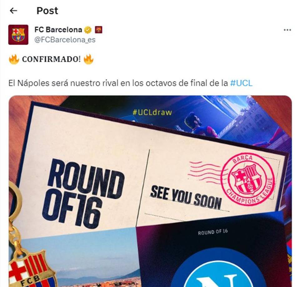 Barcelona y su mensaje tras conocer que enfrentará al Napoli en octavos de final de Champions.