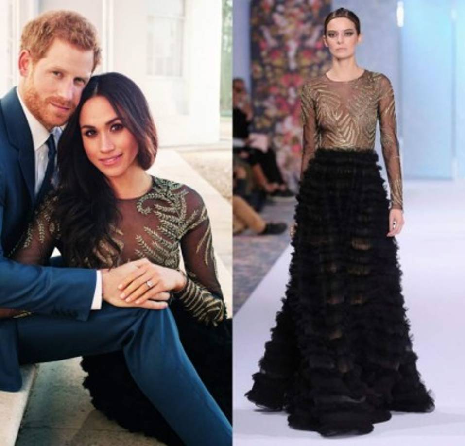 Meghan lleva puesto un vestido de fabricación británica de Ralph & Russo valorado en casi $75,000 dólares.<br/><br/>El precioso vestido presenta una falda de tul escalonada que se complementa con un corpiño completamente transparente decorado con intrincados adornos dorados.<br/><br/>La sesión de fotos fue realizada por el fotógrafo de moda y celebridades Alexi Lubomirski, quien ha retratado a estrellas como Julia Roberts o Angelina Jolie.<br/><br/>