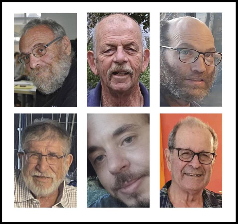 Los cuerpos de los rehenes Alexander Dancyg, Haim Perri, Nadav Popplewell; abajo de izq. a dcha., Yoram Metzger, Yagev Buchshtab y Abraham Munder, fueron recuperados por tropas israelíes.