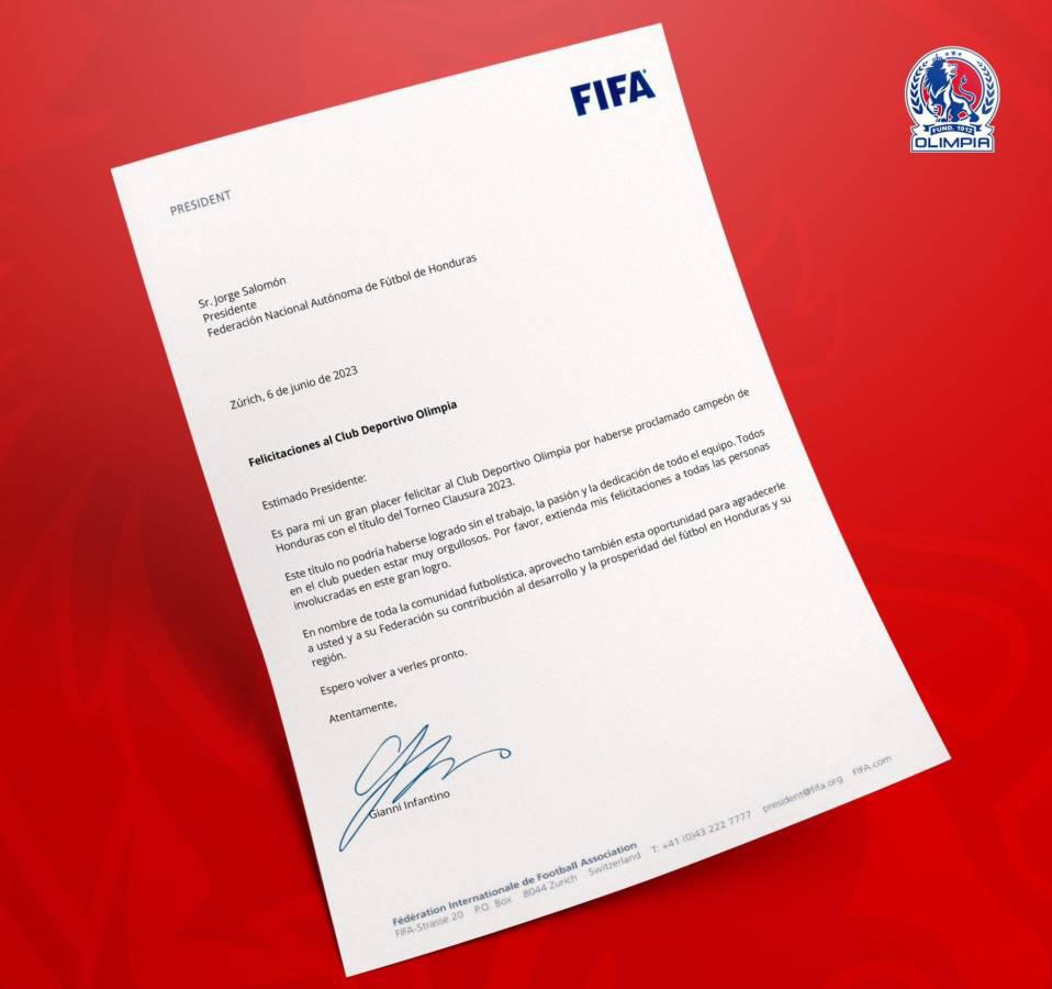 La carta de felicitación de la FIFA al Olimpia.