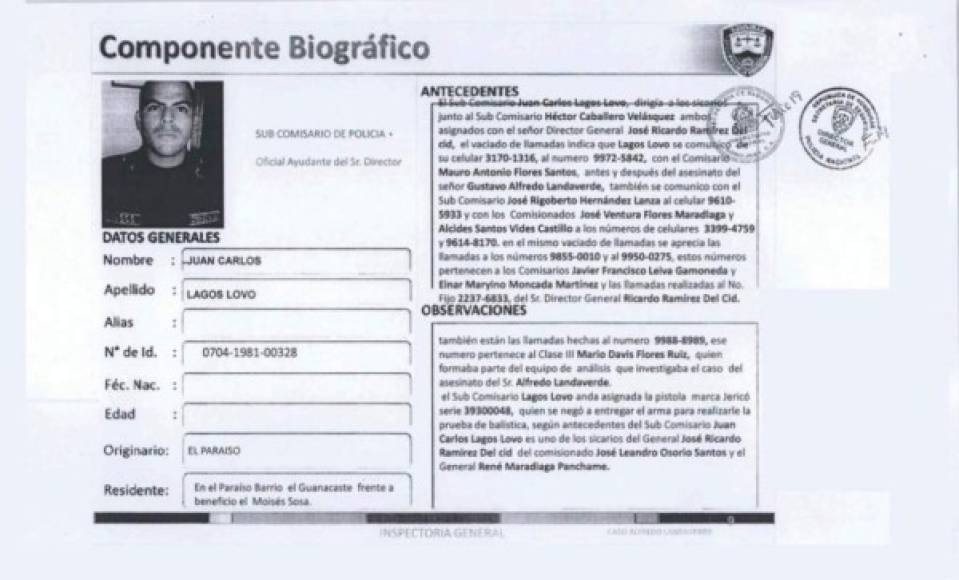 Ficha del subcomisario de Policía Juan Carlos Lagos Lovo, señalado en el caso de la muerte de Alfredo Landaverde, según publicación de The New York Times atribuida a un informe de la Inspectoría General de la Policía de Honduras.