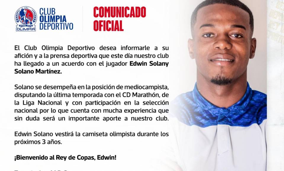 El Olimpia sorprendió al anunciar el fichaje del extremo Edwin Solany Solano, llega procedente del Marathón. El futbolista firmó por tres años con los albos.