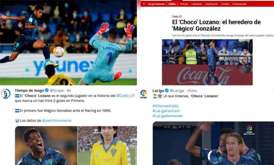 La prensa española se ha rendido al Choco Lozano luego que el hondureño se despachó con un hat-trick en el empate 3-3 del Cádiz ante Villarreal por la jornada 11 de la Liga Santander.