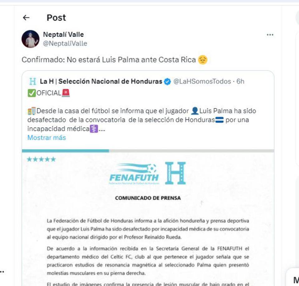 Los periodistas hondureños señalaron su tristeza por la baja de Luis Palma.
