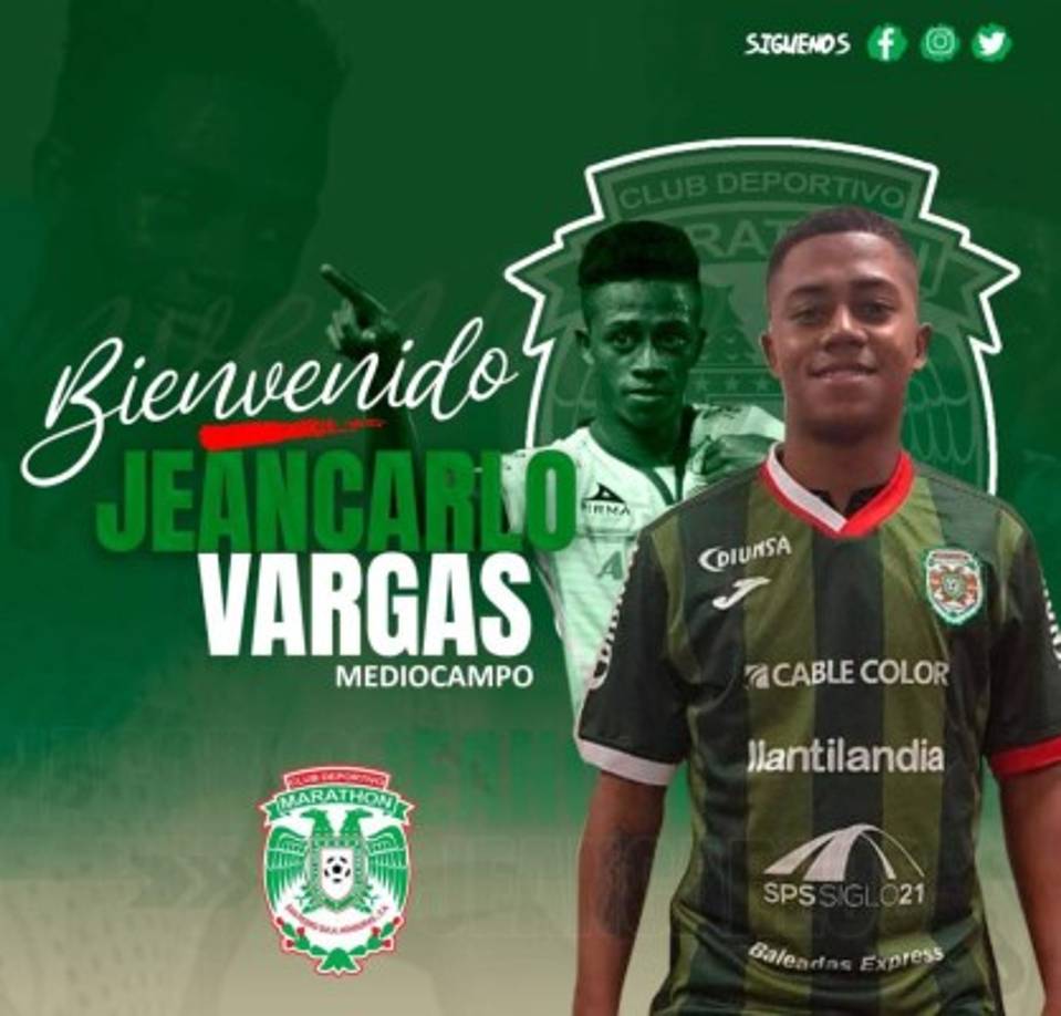 El Marathón se sigue reforzando y en esta ocasión anunció el fichaje del volante zurdo JeanCarlo Vargas, quien llega procedente del Platense de Puerto Cortés.