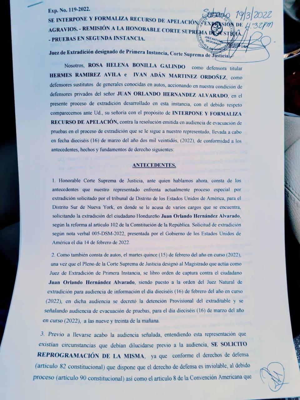 Documento íntegro del recurso de apelación interpuesto por la defensa del exgobernante hondureño.