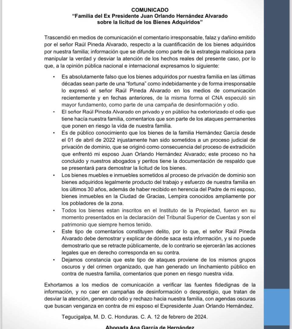 $!Comunicado de la familia de Juan Orlando Hernández.
