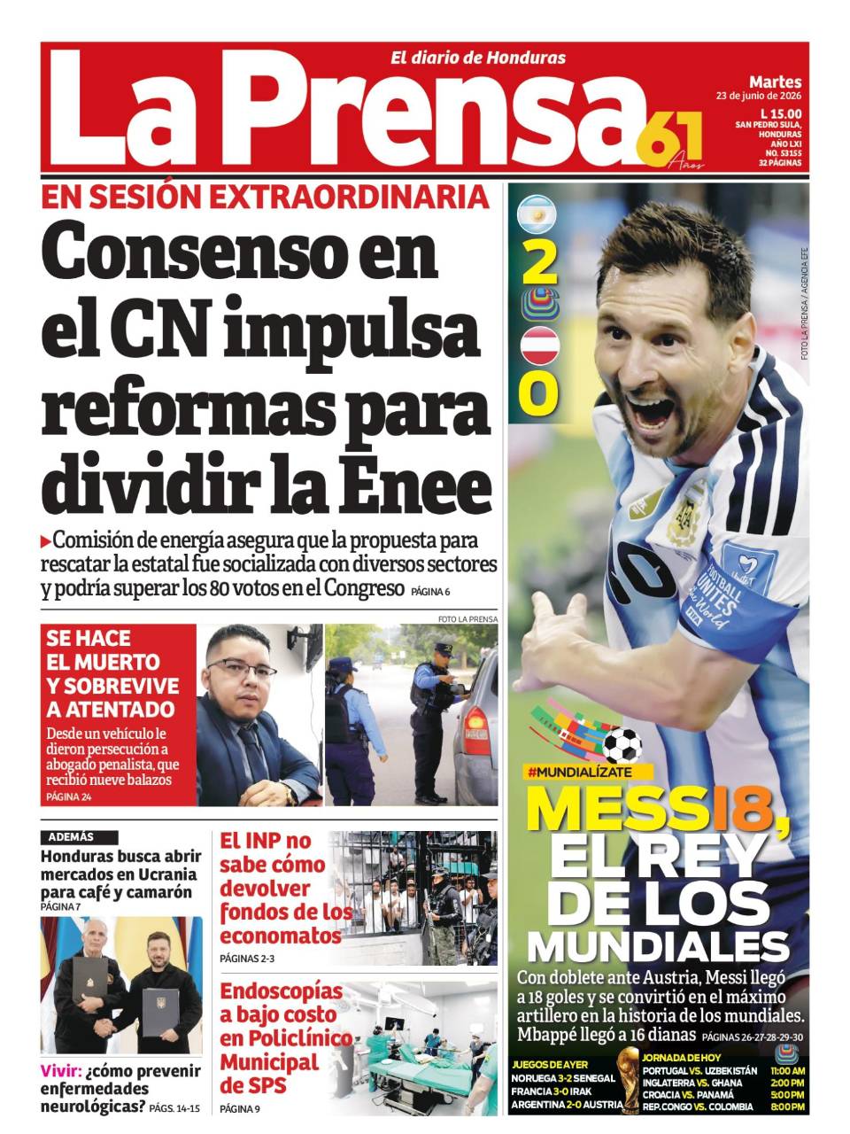 Portada de la edición impresa de este martes 23 de junio de 2026.