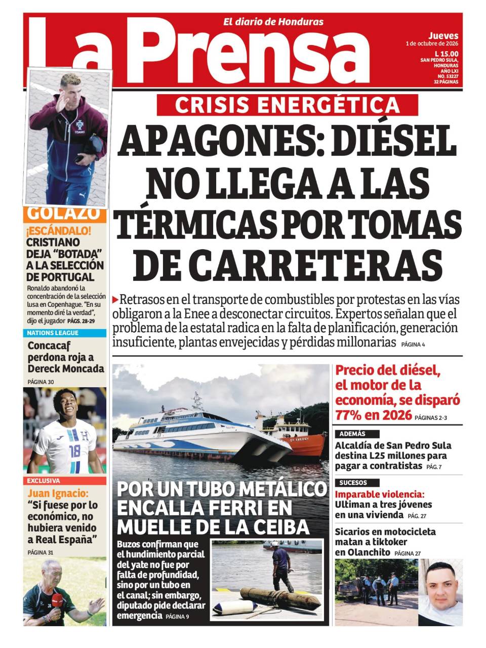 Portada de la edición impresa de este jueves 1 de octubre de 2026.