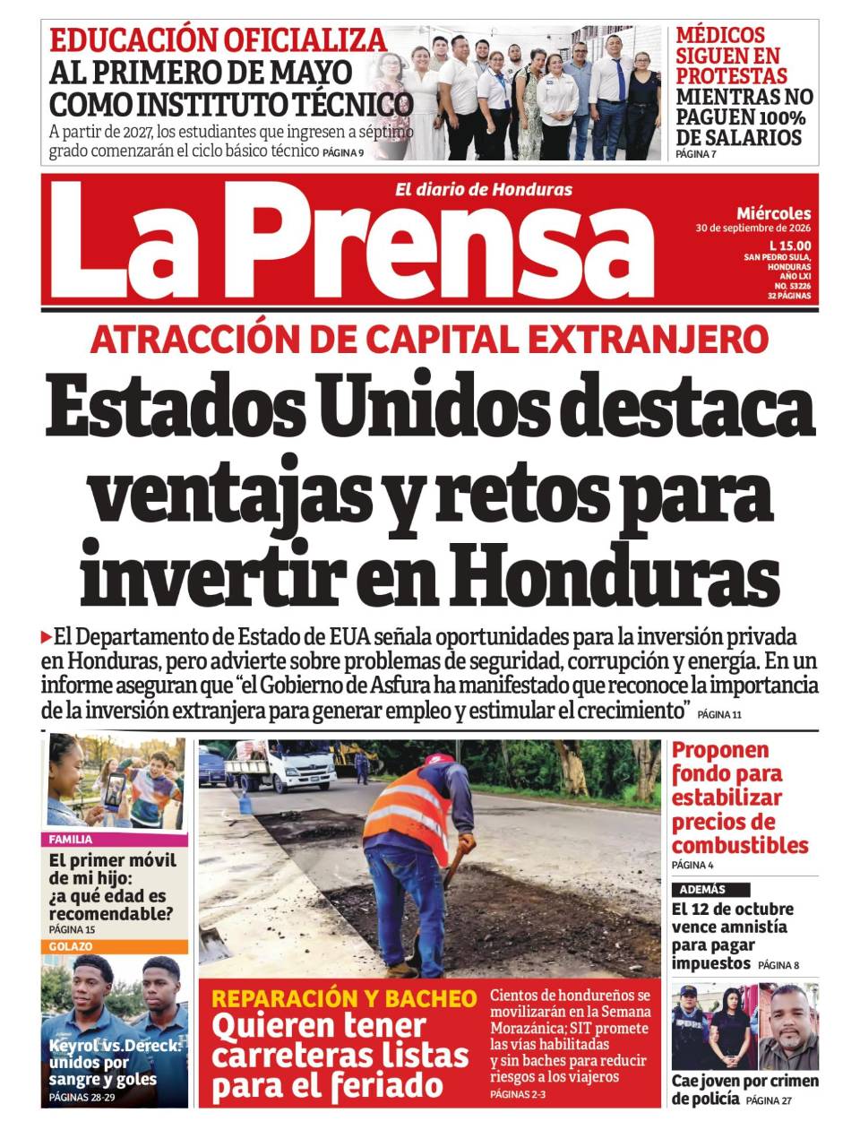 Portada de la edición impresa de este miércoles 30 de septiembre de 2026.