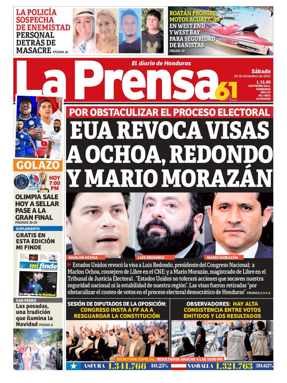 EUA revoca visas a Ochoa, Redondo y Mario Morazán