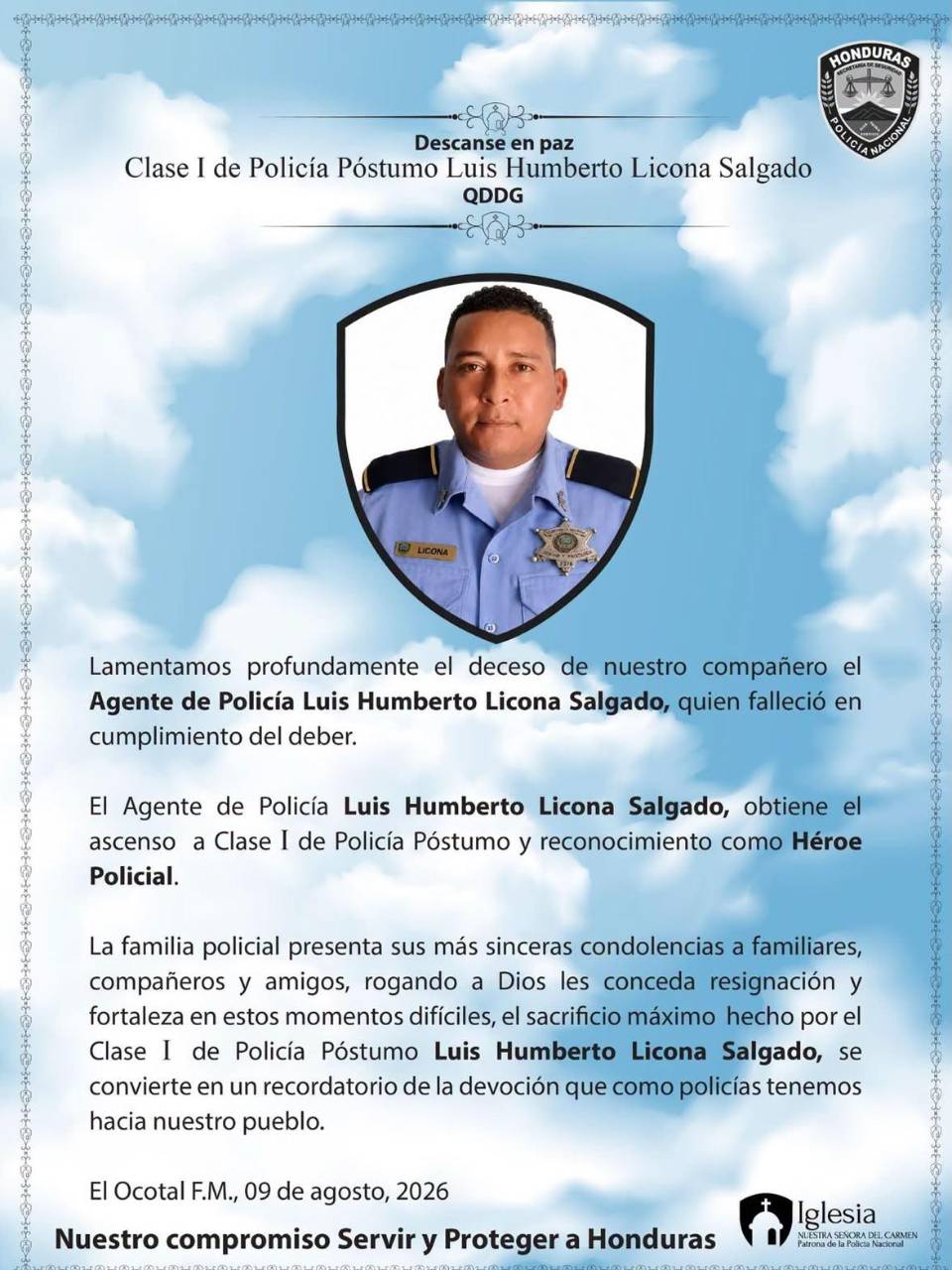 Comunicado de duelo de la Policía Nacional.