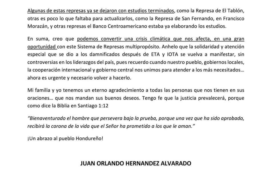 Carta abierta del expresidente Juan Orlando Hernández.