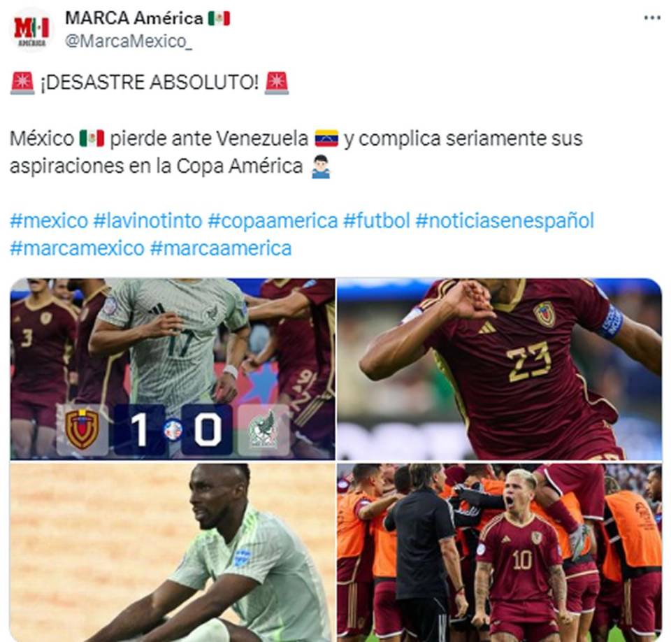 Diario Marca - “¡Desastre absoluto! México pierde ante Venezuela y complica seriamente sus aspiraciones en la Copa América”.