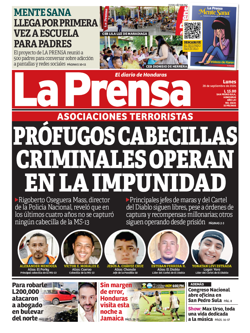 Portada de la edición impresa de DIARIO LA PRENSA de este lunes 28 de septiembre.