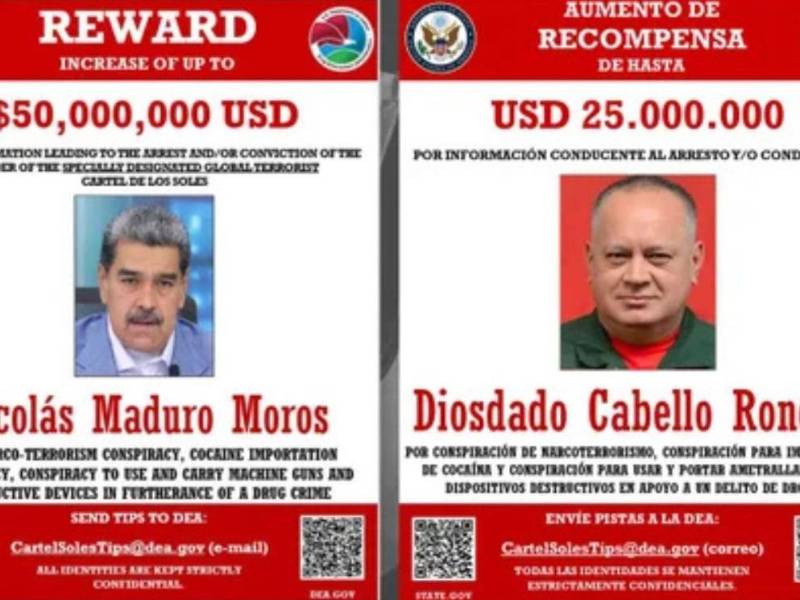El Gobierno de Estados Unidos ofrece una recompensa de $50 millones por información que lleve al arresto de Maduro y de $25 millones por Diosdado Cabello.