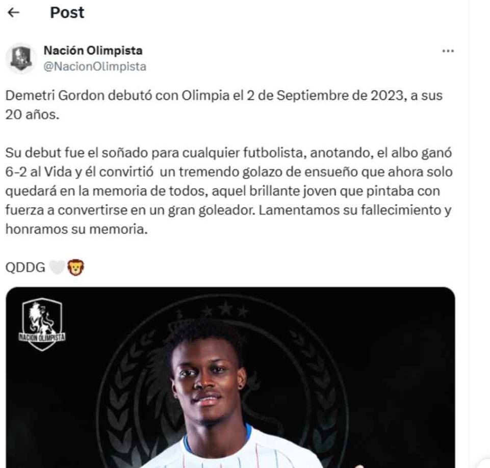 La página Nación Olimpista lamentó la muerte del jugador del cuadro albo.