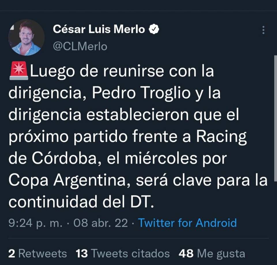 La prensa de Argentina informa que Pedro Troglio tiene ultimátum: Si cae el próximo miércoles por la Copa Argentina será cesado del banquillo.