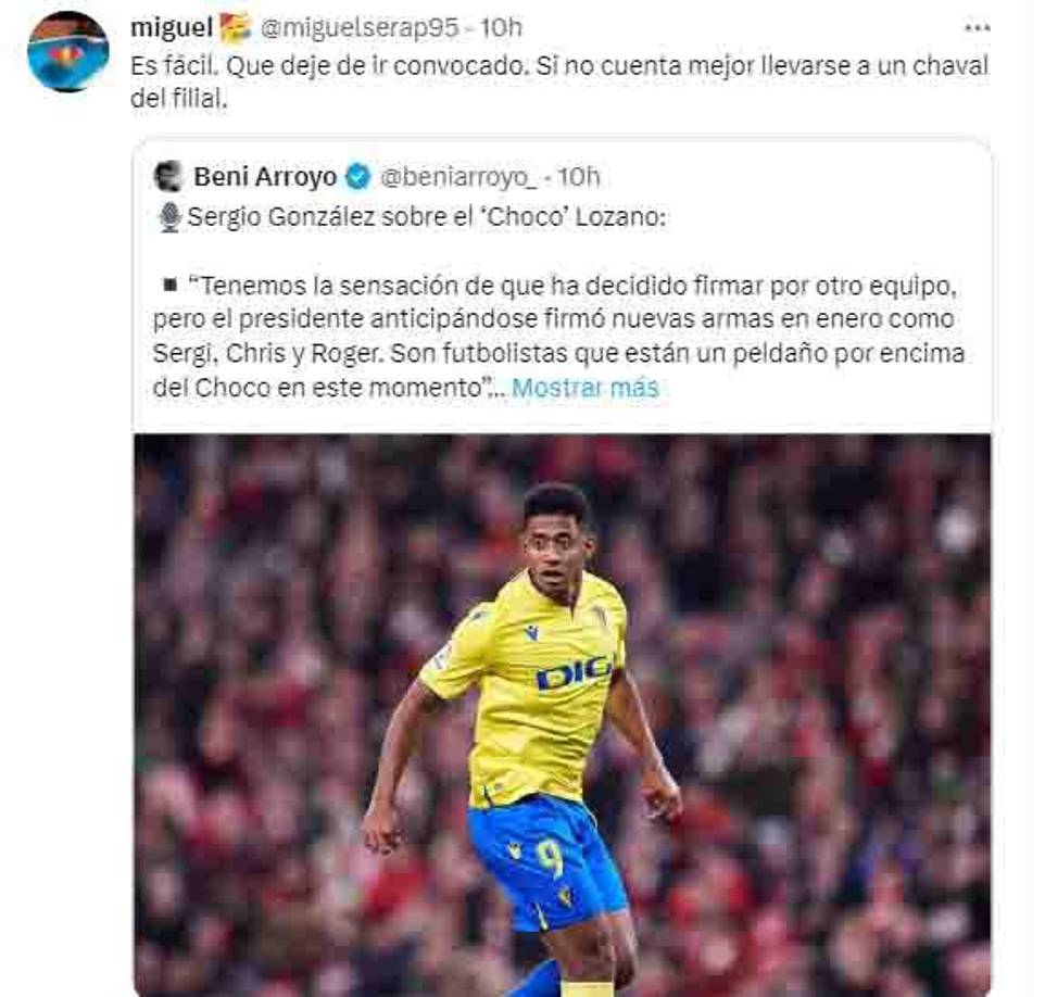 Aficionados del Cádiz señalaron en sus redes sociales que inclusive Choco Lozano ya ni debería de ser convocado para los partidos que restan al final de la presente campaña en la Liga de España.