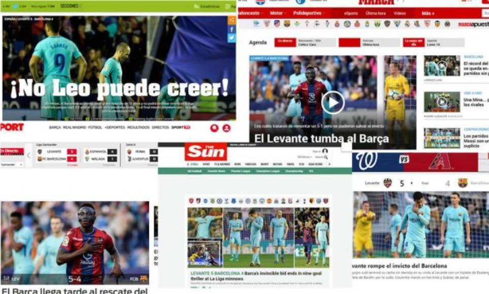 Los diarios en el mundo destacan la primera derrota del Barcelona en la temporada en la Liga Española, perdiendo el invicto en el campo del Levante.