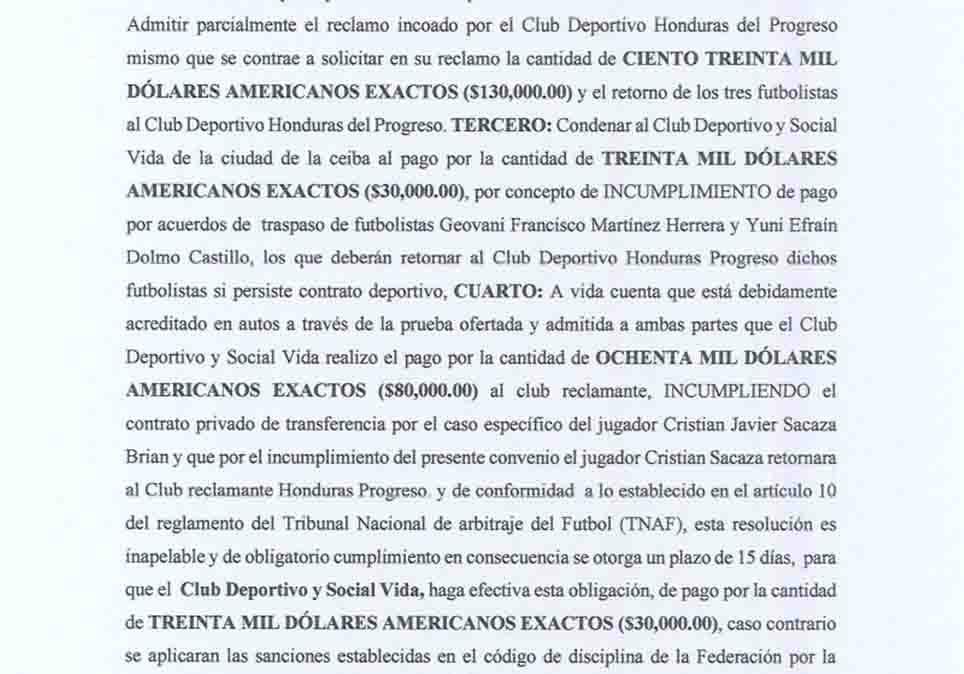 Honduras Progreso gana demanda al Vida por incumpliendo de pago a jugadores y tendrá que pagar 30,000 dólares