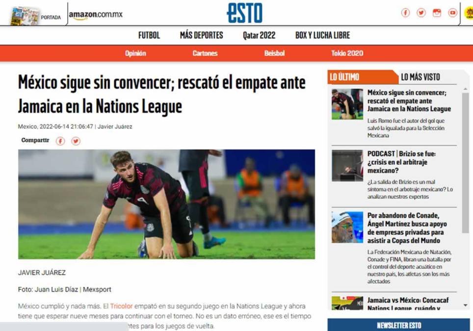 Diario Esto - “México sigue sin convencer; rescató el empate ante Jamaica en la Nations League”.