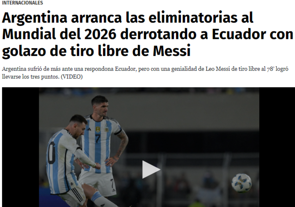 Diario Diez: “Argentina arranca las eliminatorias al Mundial del 2026 derrotando a Ecuador con golazo de tiro libre de Messi”.