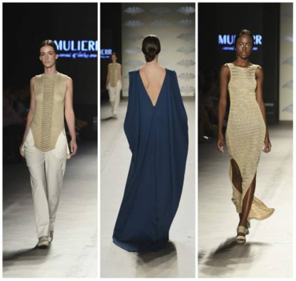 Mulierr. Algodón orgánico, seda y crepé fueron las telas que usó esta firma de Lorena Cuevas y Paola Tarazona. En sus salidas demostraron un concepto muy claro de lo que es el trabajo artesanal en tonos como el gris, el azul naval, el macadamia o el crema y cortes estructurados y asimétricos que conforman piezas un tanto geométricas y elegantes. Algunos de los vestidos estrella de la colección fueron bordados a mano bajo la técnica de dos agujas como técnica ancestral.