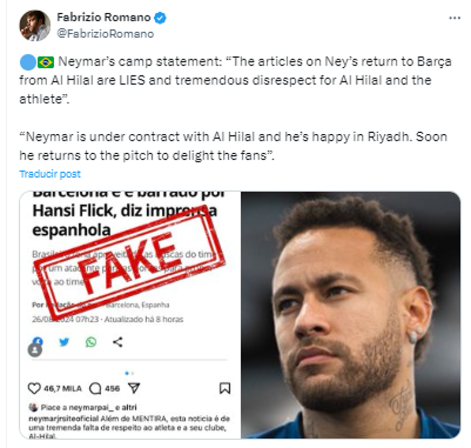 Neymar fue vinculado con el FC Barcelona y este lunes lanzó un comunicado donde expresó: “Además de ser una mentira, este artículo es una tremenda falta de respeto hacia el jugador y su club, Al-Hilal”, dice el comunicado que compartió el brasileño.