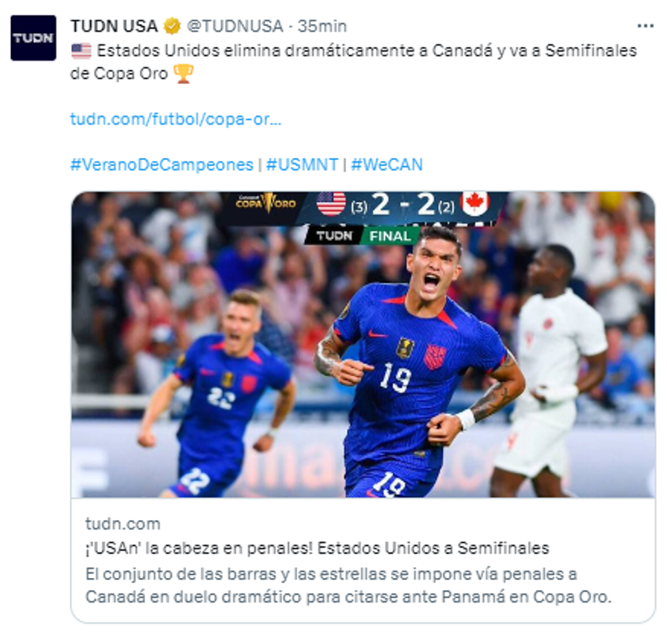 TUDN USA: “Estados Unidos elimina dramáticamente a Canadá y va a Semifinales de Copa Oro”.