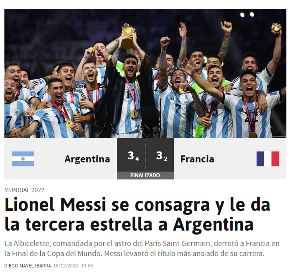 Diario As de España: “Leo Messi se consagra y le da la tercera estrella a Argentina.
