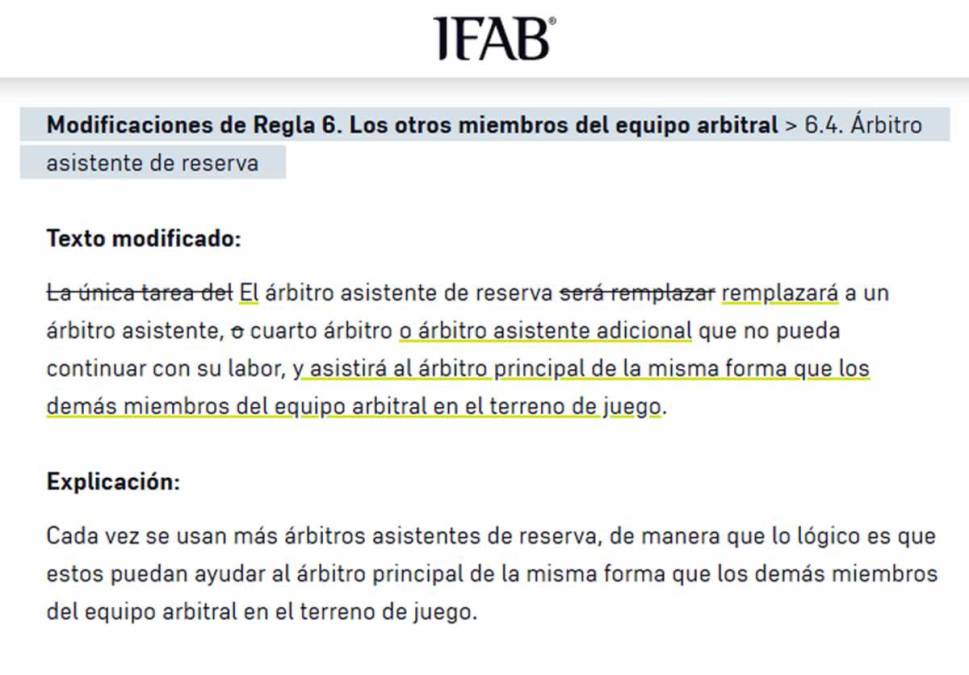 Así específica la International Football Association Board (IFAB) la nueva norma del árbitro de reserva.
