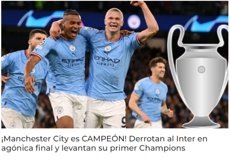 Fox Sports: “¡Manchester City es CAMPEÓN! Derrotan al Inter en agónica final y levantan su primer Champions”.