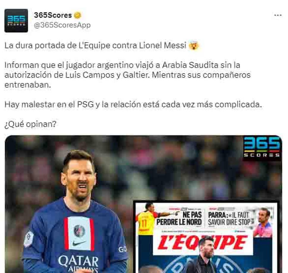 La portada del medio francés le da la vuelta al mundo ya que señalan que en el PSG están molestos con Lionel Messi.