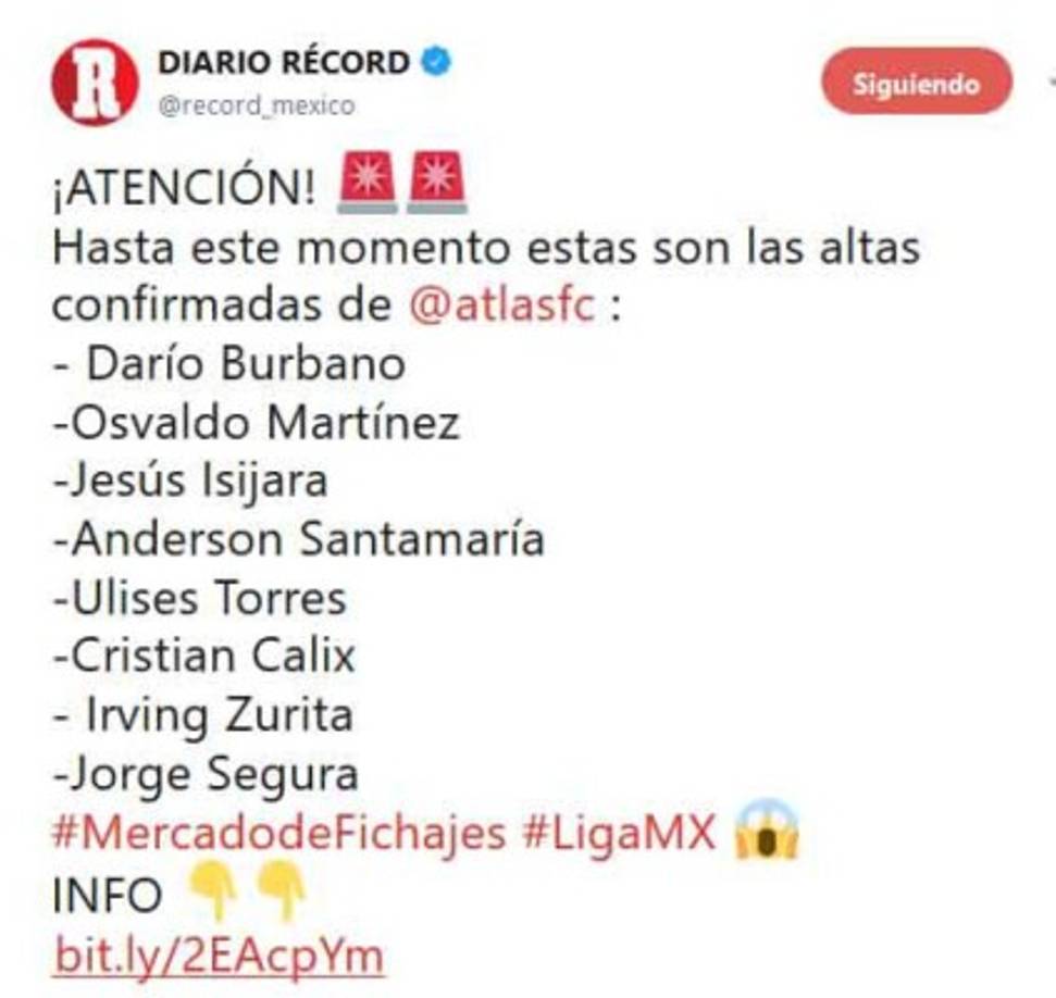 Diario Récord de México repasó todas las altas del Atlas por ahora, entre ellas la de Cristian Cálix.