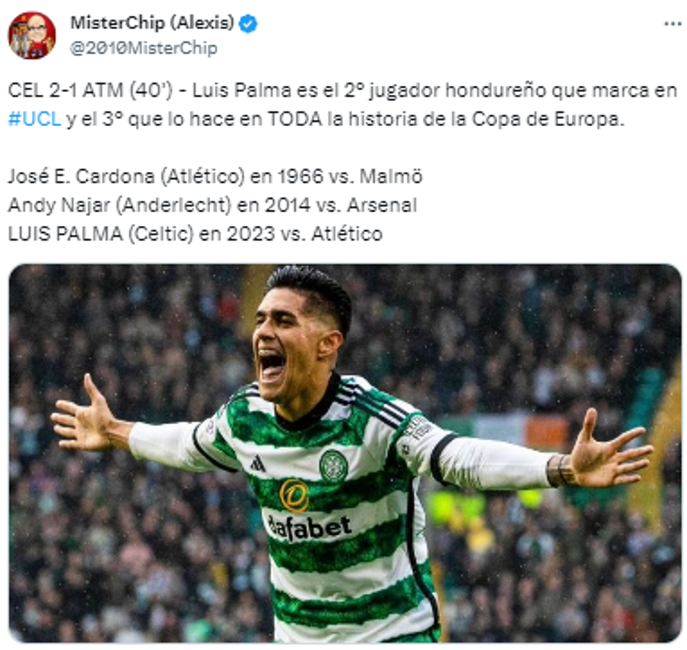 El dato de MisterChip tras el tanto de Luis Palma con el Celtic. 