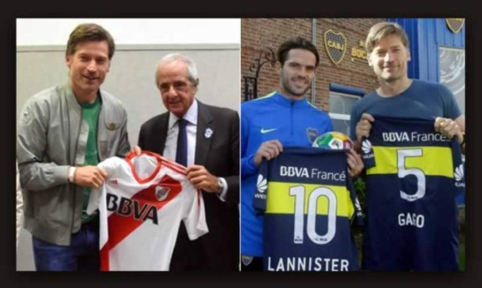 ¡BONUS! El actor danés Nikolaj Coster-Waldau, conocido por su papel como Jaime Lannister en la serie Game of Thrones, ha posado con las camisetas de River Plate y Boca Juniors.
