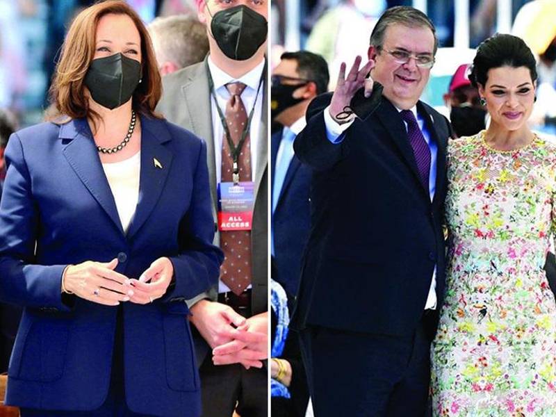 La vicepresidenta de Estados Unidos, Kamala Harris. El canciller de México, Marcelo Ebrard, junto a su esposa hondureña Rosalinda Bueso.