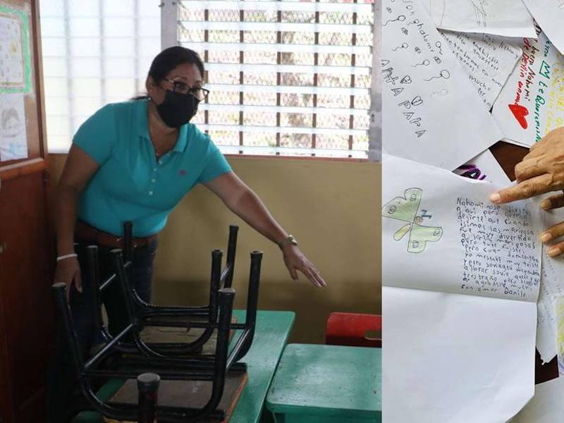 Este es el escritorio en el que se sentaba la niña en su escuela en Lepaera. Su maestra mostró los trabajos que hacía.