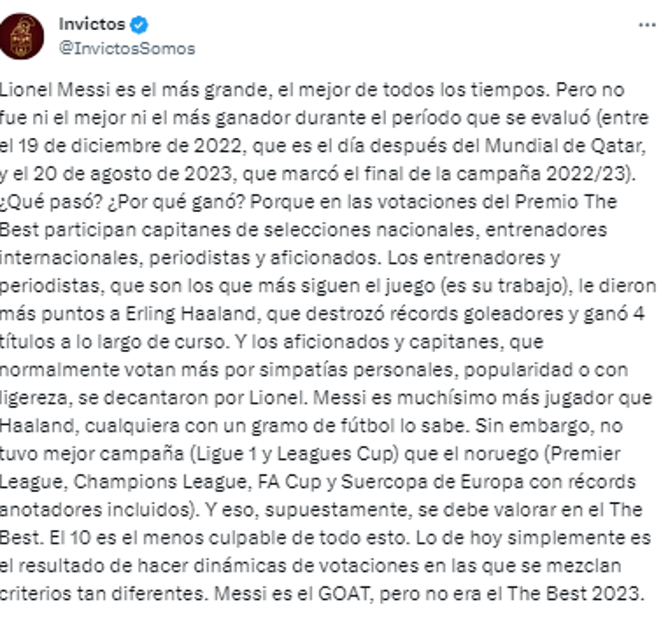 En Invictos explicaron la razón: “Lionel Messi es el más grande, el mejor de todos los tiempos. Pero no fue ni el mejor ni el más ganador durante el período que se evaluó”